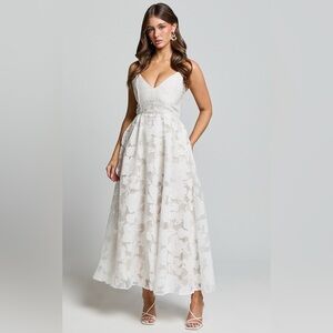 PHILINE MIDI DRESS - JACQUARD PLUNGE FIT AND FLARE DRESS IN WHITE